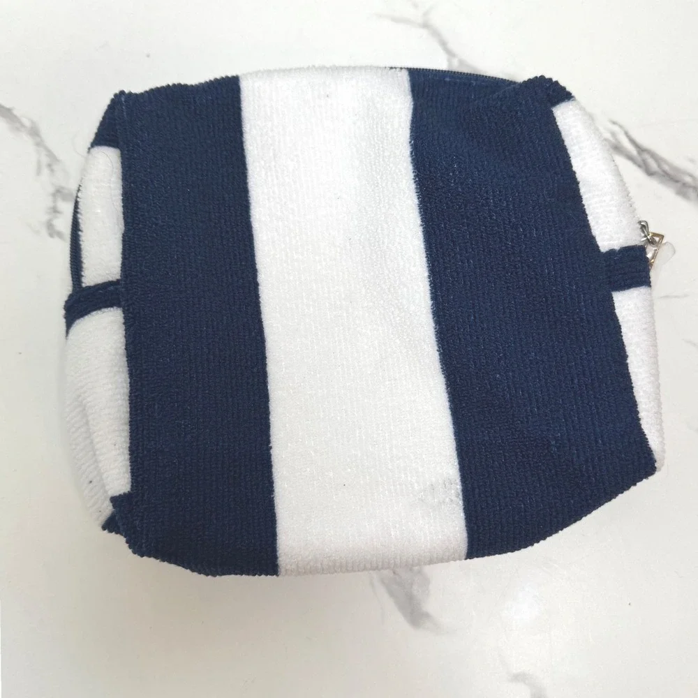 Lancome‎ Terry Cloth Cosmetic Bag Blue White Striped Makeup Pouch